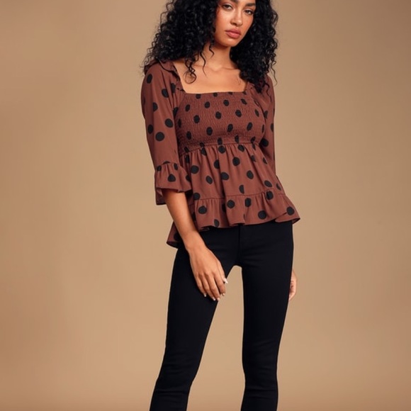 Lulus Tops - Burgundy Polka Dot Ruffled Peplum Top